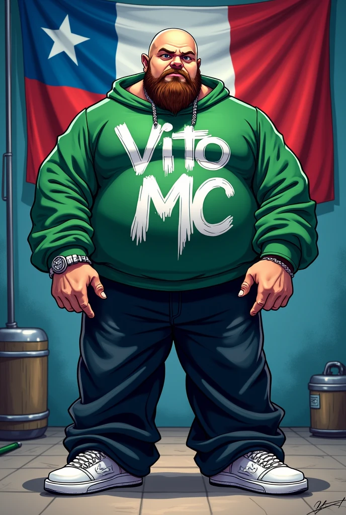 White rapper, thick build, bald, with a beard and mustache, wearing a green sweatshirt with graffiti that says Vito Mc, wide black pants and white Nike sneakers, blue and red, additionally, Chilean flag hanging somewhere, cartoon