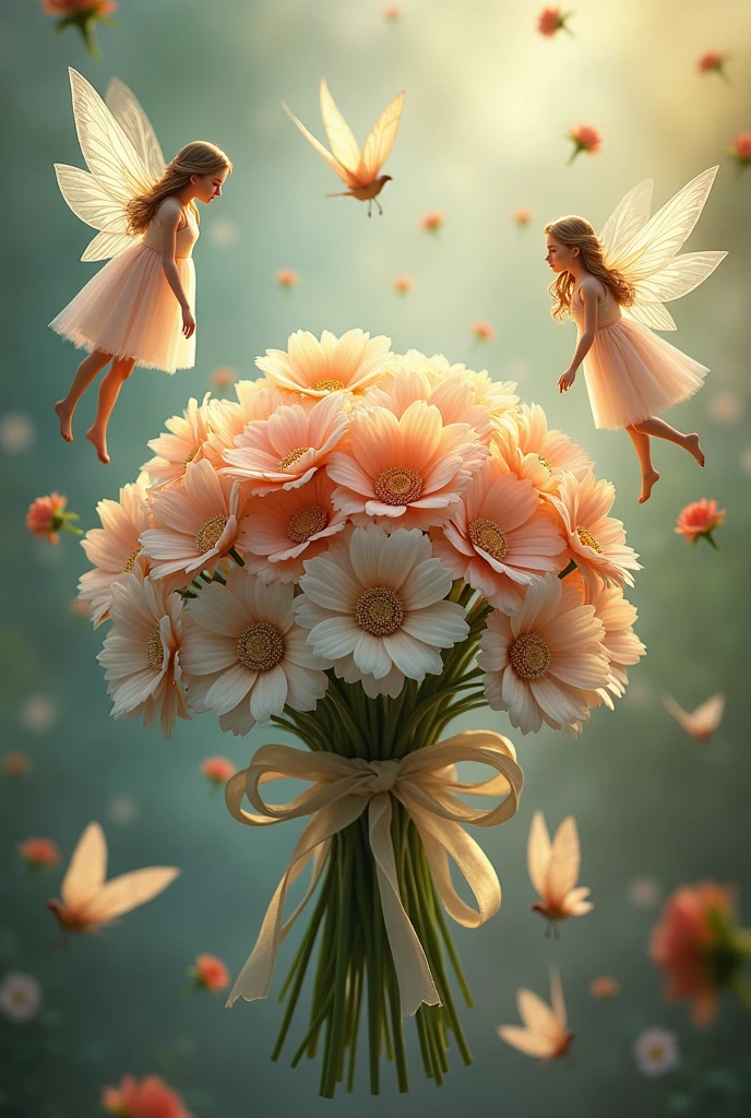 beautiful, masterpiece, best quality, ((beautiful eyes), (Delicate face)), magical flowers, a bouquet wrapped in beautiful purple flowers, very magical, with fairy girls flying around them, beautiful fairies, 8K, high quality detail,