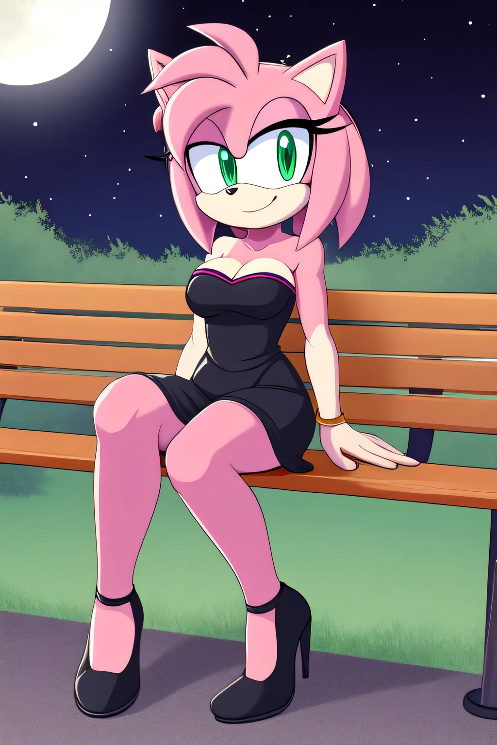 score_9, score_8_up, 2D, flat color, looking at viewer, (1girl), (solo), very detailed, extremely detailed, full body, Amy Rose, seductive, medium breast, bare shoulder, little black dress, strapless dress, skin-tight dress, black high heels, full moon, at night, park background, sitting on a park bench, smile, 