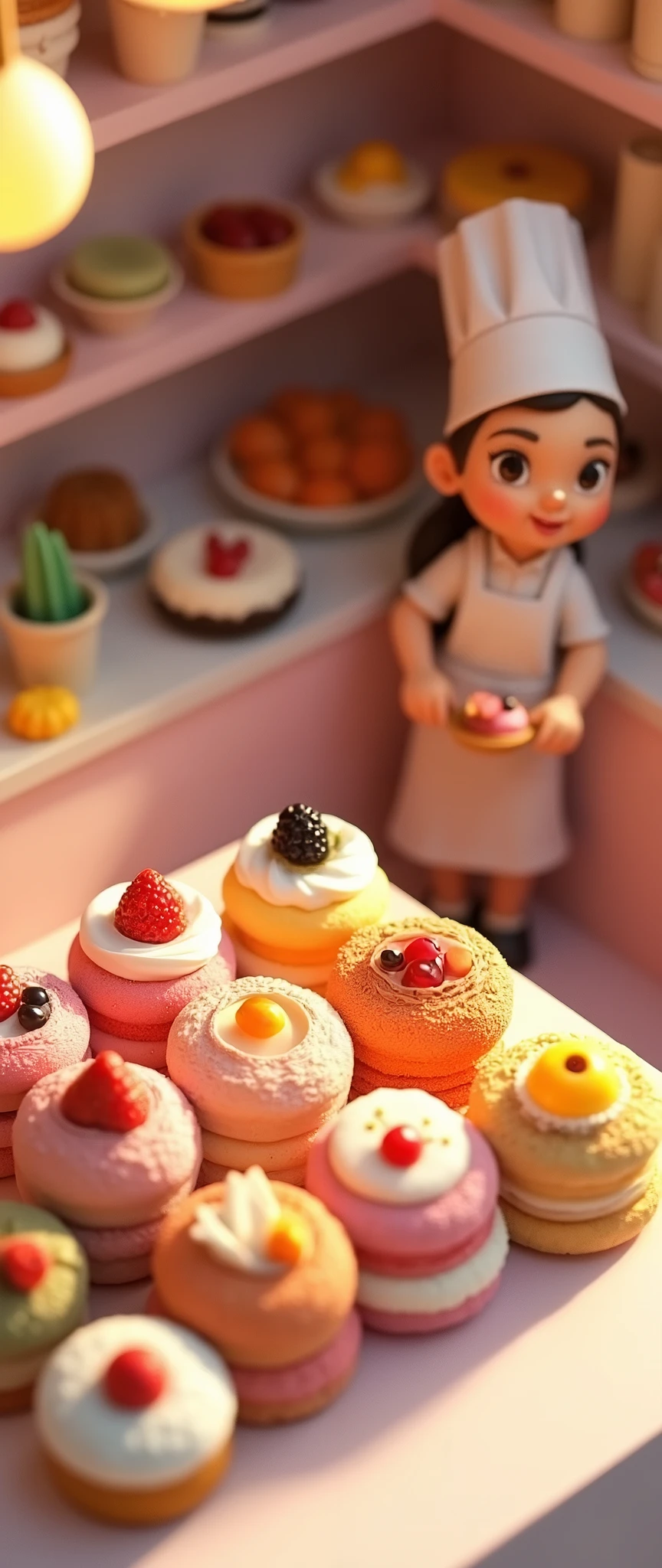 (masterpiece:1.2, Highest quality,Ultra-high resolution,Super detailed),8k,(wallpaper),(Photorealistic:2.0),(RAW Photos:2.0),(Plastic Models:2.0),(Cake shopで働くちびキャラのかわいい女性Pastry chef:2.0),(Cake shopには様々Roll cakes made with various fruits are arranged in a square shape.,Cake shop,Pastry chef,Very simple design),(Isometric 3D diorama:2.0),Matte Paint