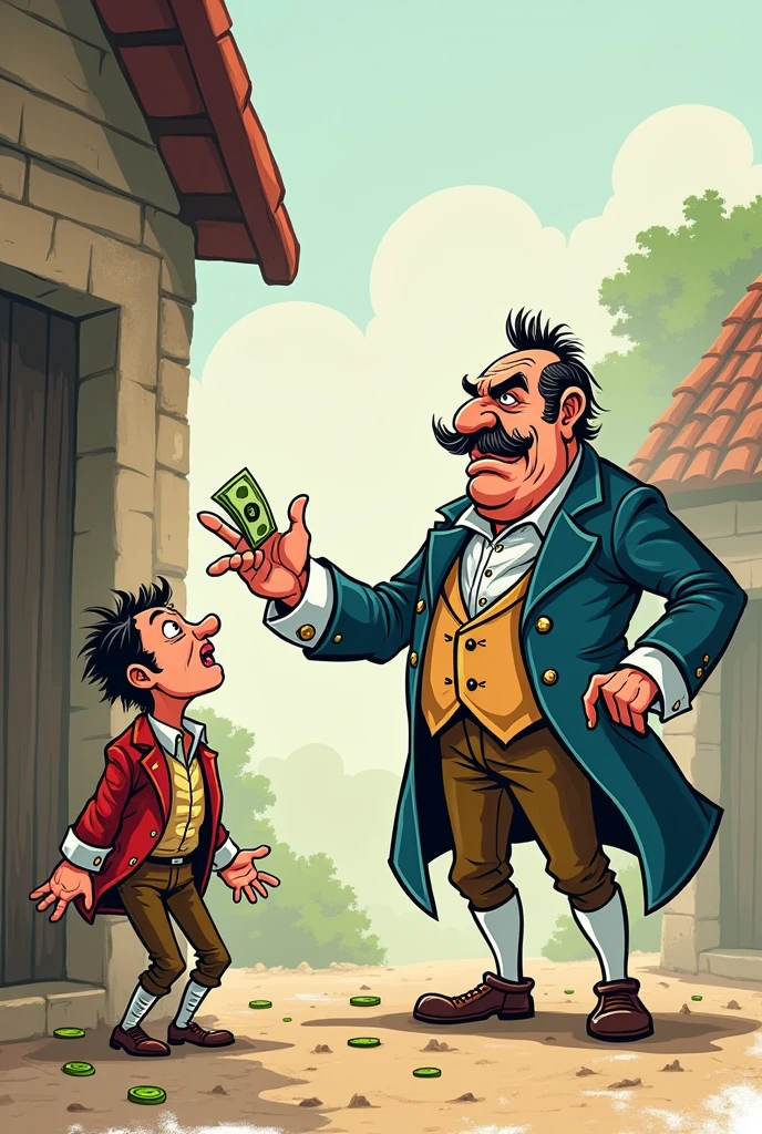 A cartoon caricature of the English demanding money from a colonist. This way, but easier and more animated, and the Englishman with money in his hand. 