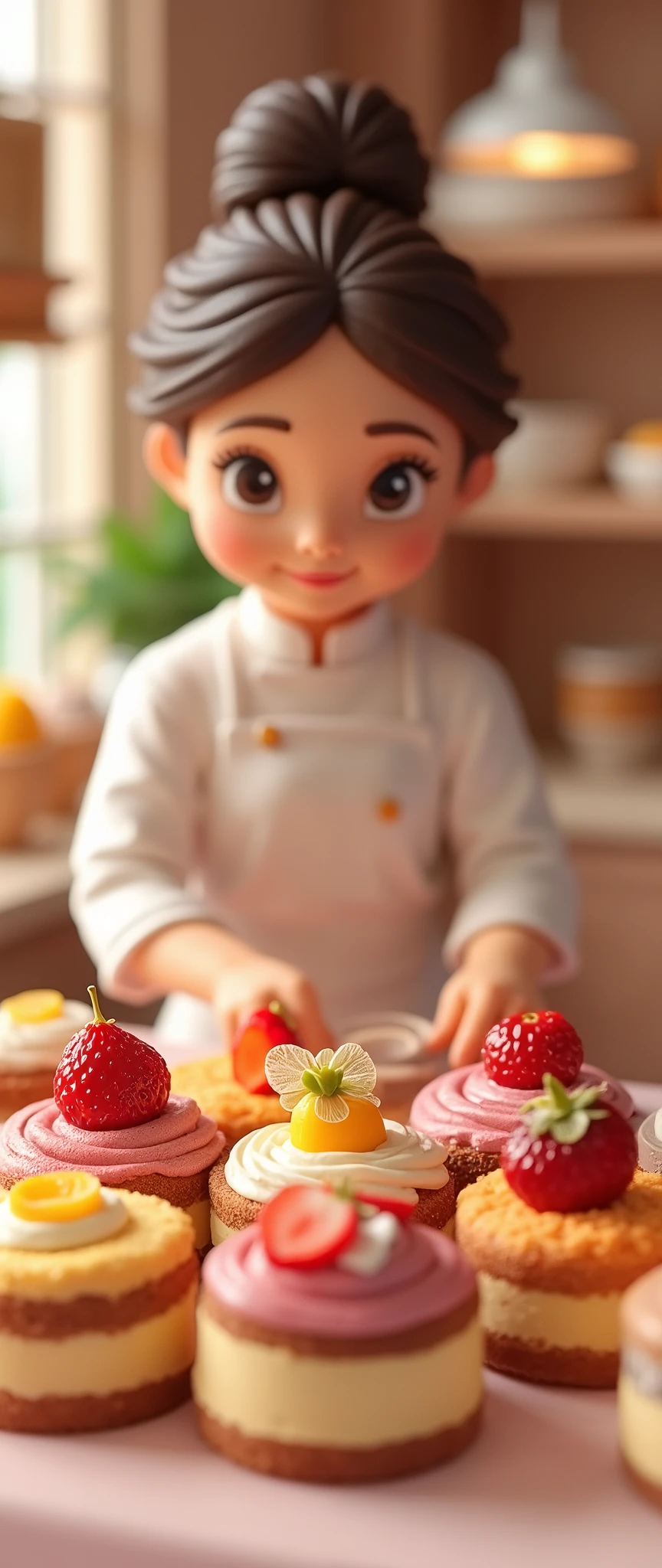 (masterpiece:1.2, Highest quality,Ultra-high resolution,Super detailed),8k,(wallpaper),(Photorealistic:2.0),(RAW Photos:2.0),(Plastic Models:2.0),(Cake shopで働くちびキャラのかわいい女性Pastry chef:2.0),(Cake shopには様々Roll cakes made with various fruits are arranged in a square shape.,Cake shop,Pastry chef,Very simple design),(Isometric 3D diorama:2.0),Matte Paint