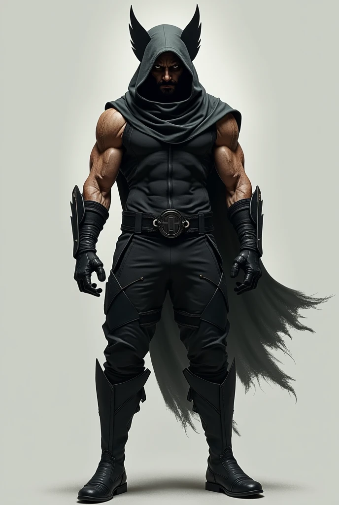 Young Wolverine full body, with a gray and black outfit covering his entire face 