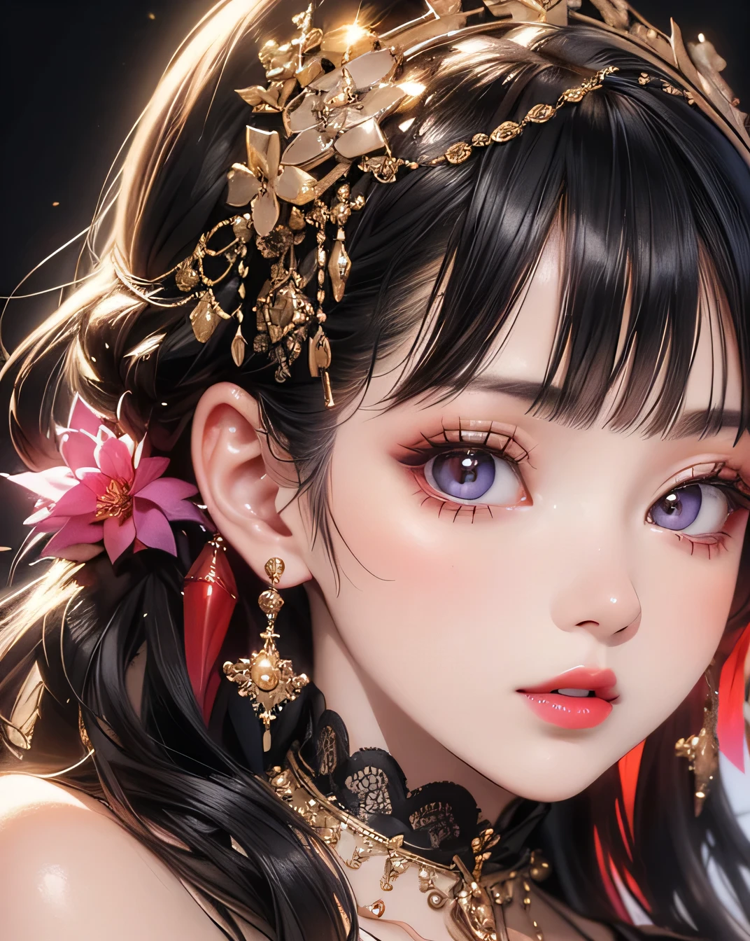 (Beautifully detailed face), (Beautiful attention to detail), Beautiful woman, Beautiful lips with lipstick, The most beautiful face in the world, Detailed, Highest quality, Masterpiece, Vivid and True Colors,