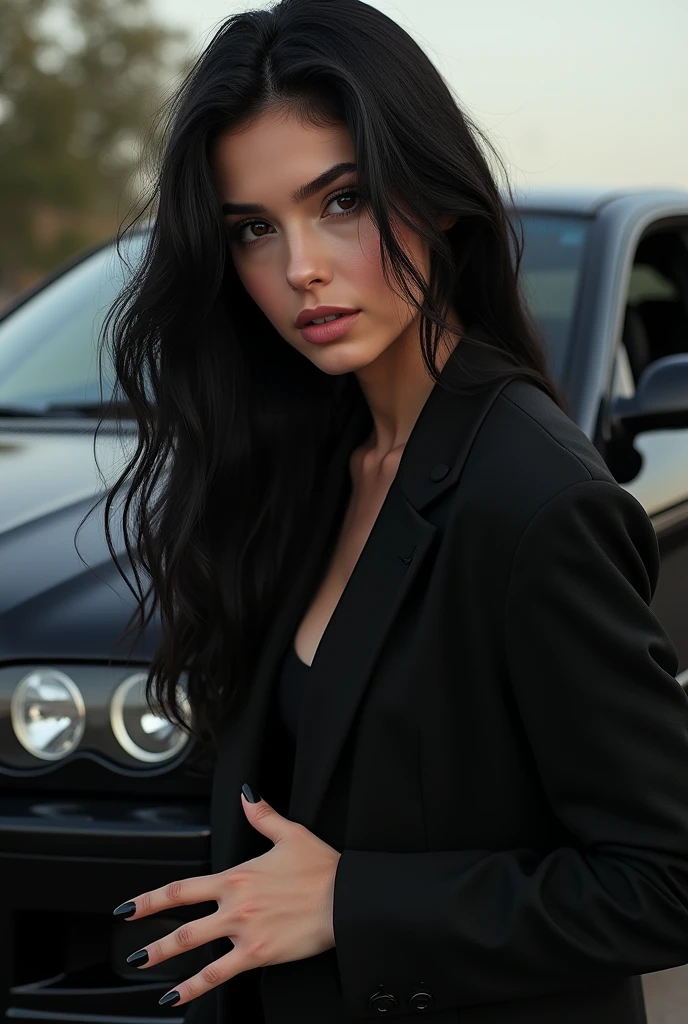 girl model with black long hairs and black nails on her car bmw e46 black