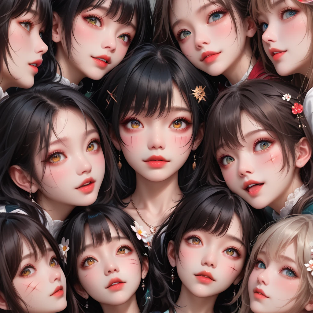 nsfw,score_9, score_8_up, score_7_up, high res image,masterpiece,best quality,girl,cute face,clear skin,shiny hair,ultra detailed eyes,flower hairpin,(6+girls:1.5),detailed hair,face close-up,cute,necklace,(blood:1.3),(scars:1.6),