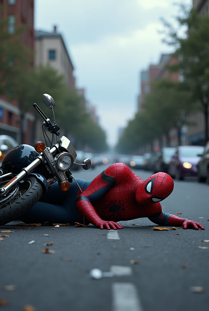 In this image, Spider-Man is lying on the road near a broken motorcycle, suggesting that he has been in an accident. Cars are visible on both sides of the road, and the sky is cloudy, adding to the serious atmosphere. The scene is very emotional and concerning, as it shows Spider-Man in a difficult situation.
