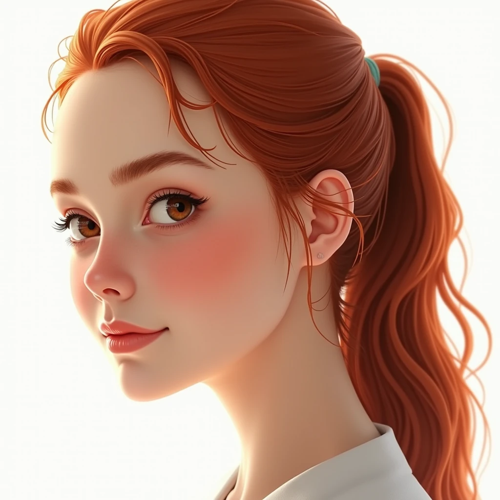 large close-up of the face of a beautiful girl all over, girl in profile, red-haired, smiling, looking at the camera, the whole face is in sharp focus, it is on a white background, realistic, high resolution
