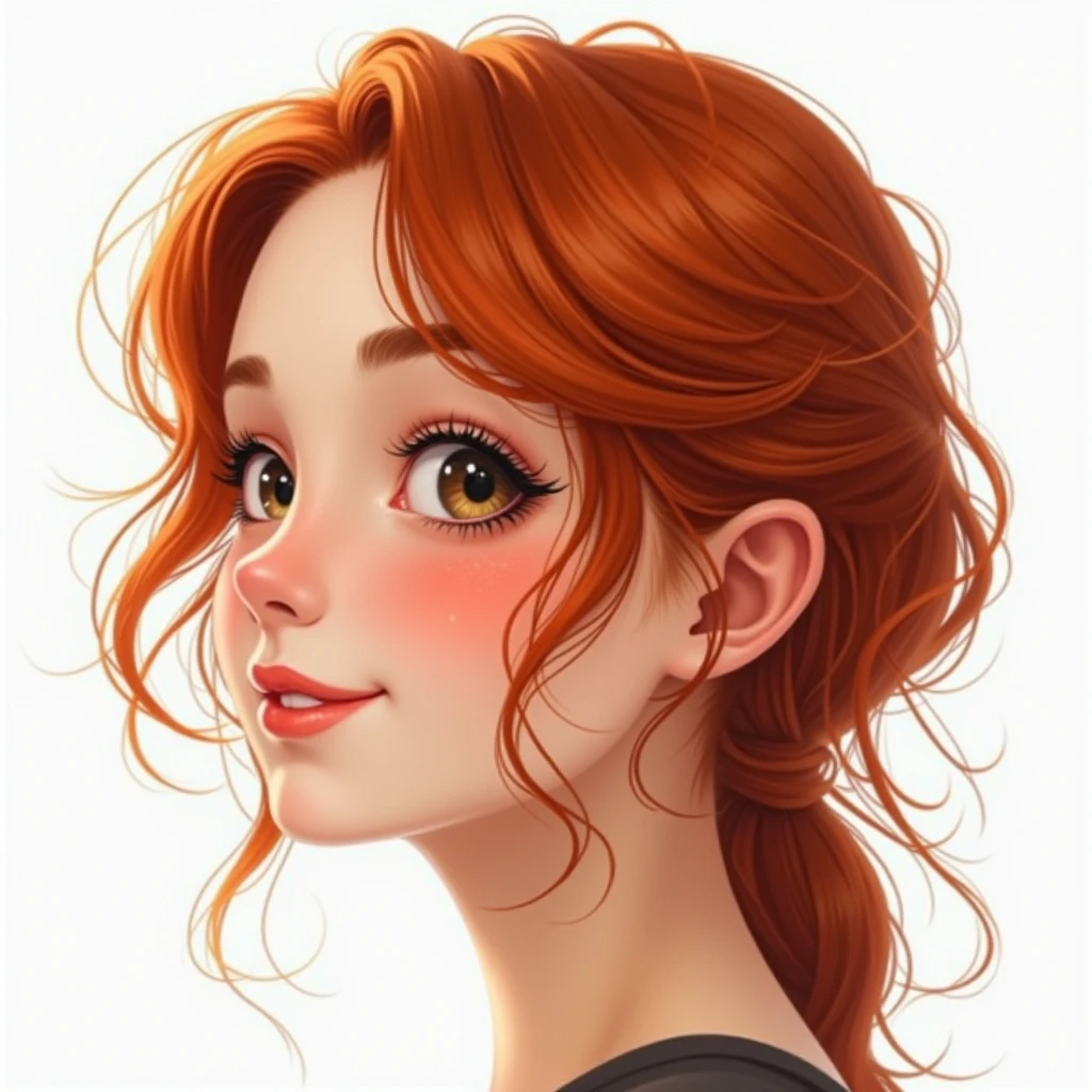 large close-up of the face of a beautiful girl all over, girl in profile, red-haired, smiling, looking at the camera, the whole face is in sharp focus, it is on a white background, realistic, high resolution
