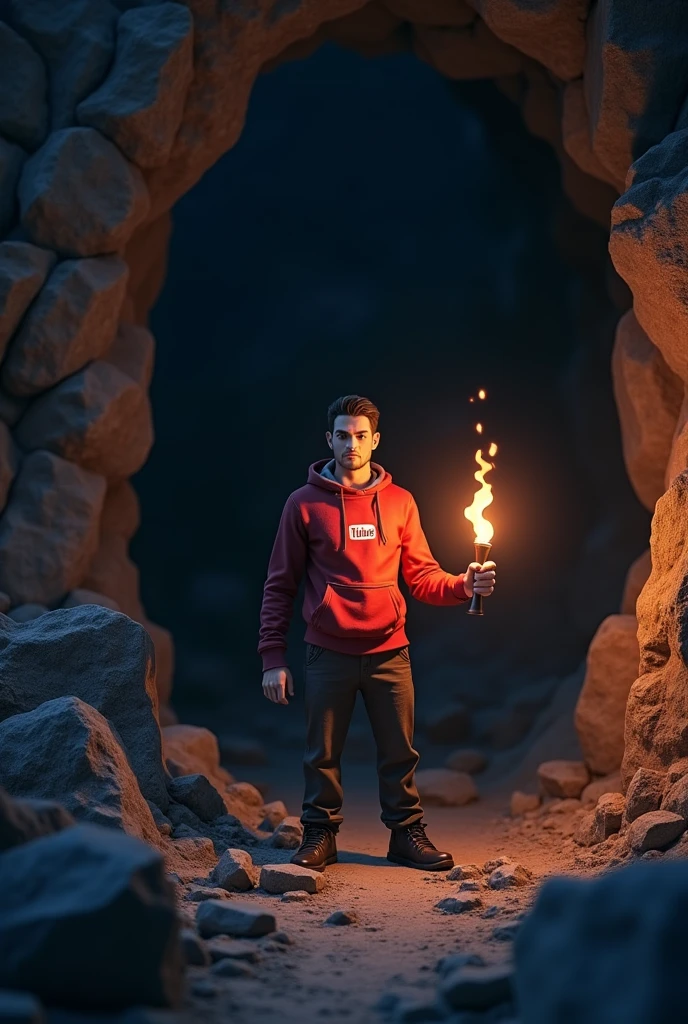 Mr Beast picture stands in front of the cave with a torch in hand YouTube trammel