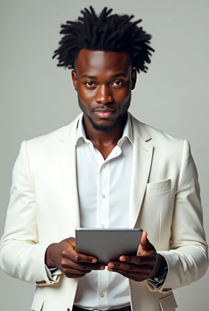 /Imagine a young African man dressed in a white jacket holding a Samsung tablet in his hand