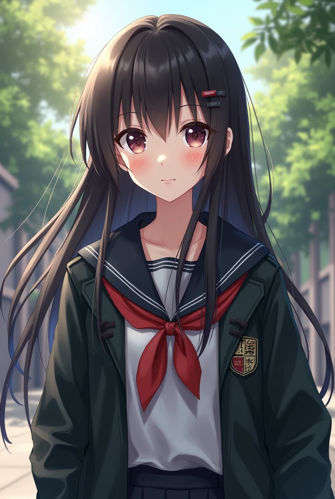 A studen with long black hair, university uniform, wearing casual clothes. She has a curious and gentle expression