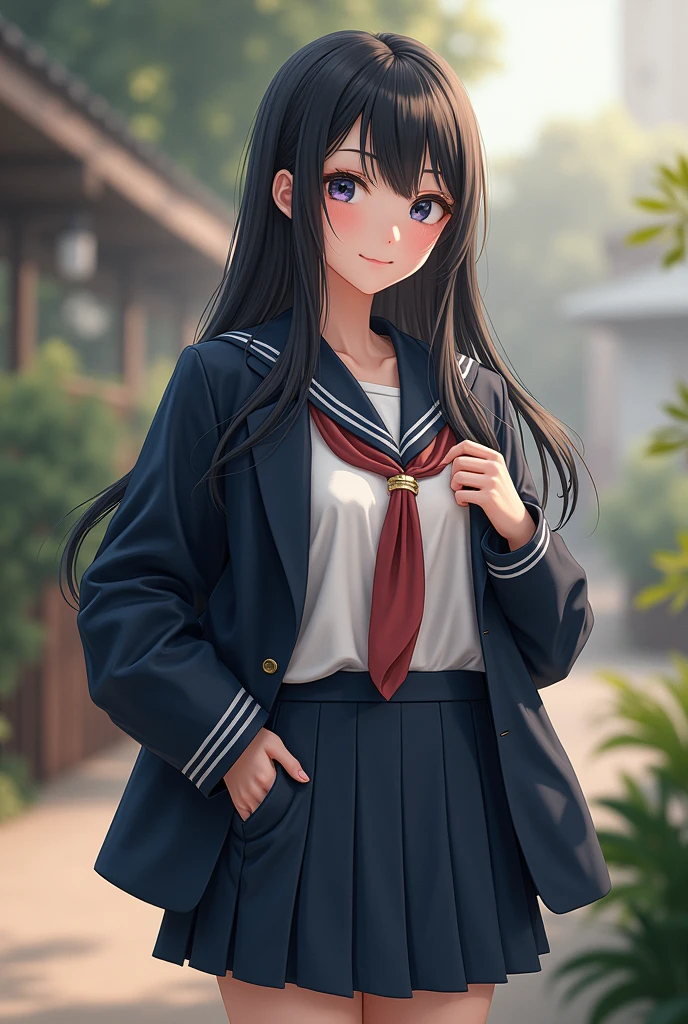 A studen with long black hair, university uniform, wearing casual clothes. She has a curious and gentle expression