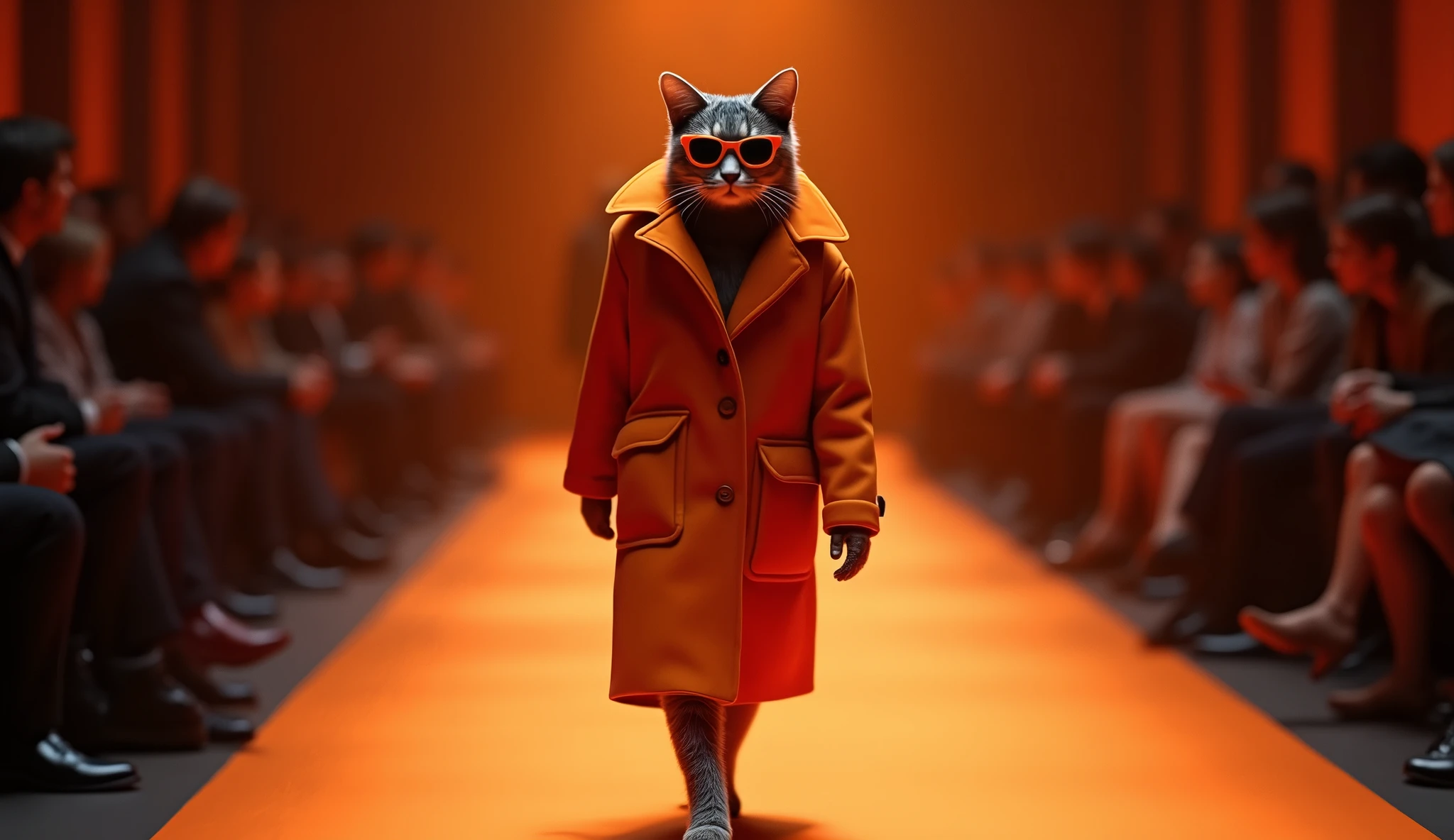 This photo depicts a cat wearing a dark orange coat, styled like a winter coat with a high collar and two side pockets. The cat is wearing orange sunglasses, the color tone matches the shirt and background, creating a fashionable and stylish style. All details in the image are in orange or bright orange tones, creating uniformity and prominence. A cinematic fashion show. confidently walk on the runway. The background should have dramatic lighting and the audience should sit on either side to watch the show.