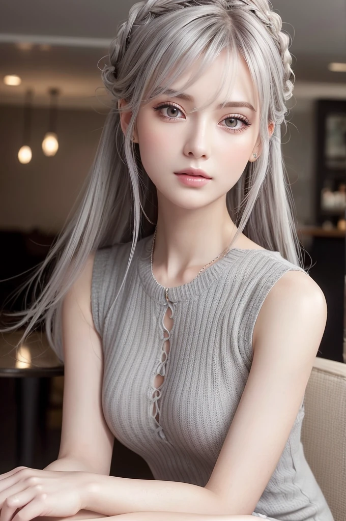 from the front, face and body straight at the camera,  (legs closeup shot), sleeveless sweater micro mini tight dress, Large Breasts, Thin legs, sitting, cafe, (((Very elegant and beautiful, Perfect detail, Very detailed))), whole body, Most detailed, Written boundary depth, 美しく詳細なwhole body, 30 years old, Gray and silver hair, Beautiful detailed hair, Perfect Face, Expressionless, Beautiful, detailed, deep eyes, Pale skin, Very delicate and beautiful, masterpiece, (((Highest quality, Very beautiful 8K CG wallpaper))), (((Trendy hairstyles))), cafe