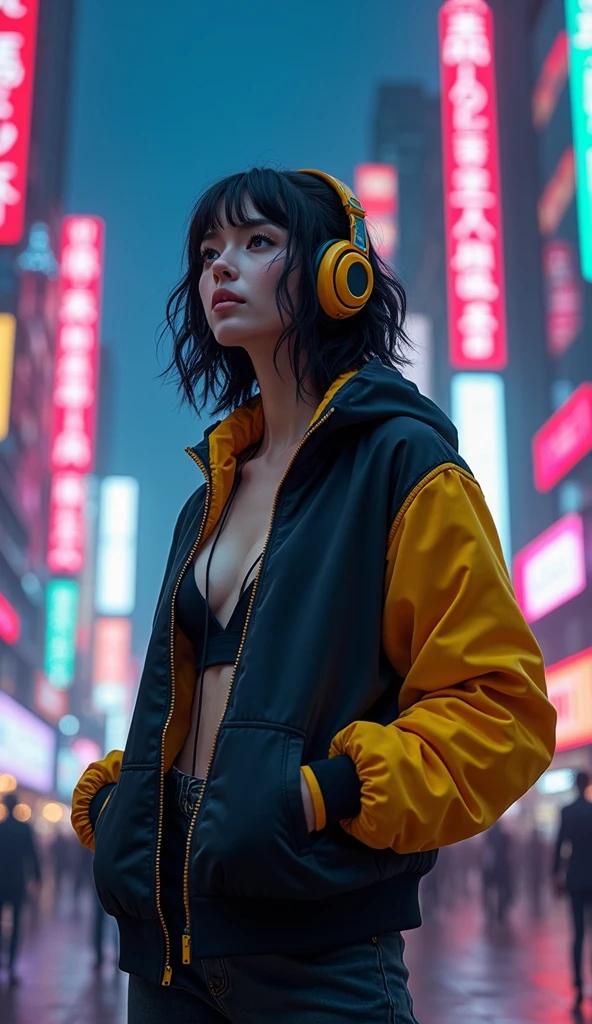 (masterpiece, Highest quality, Highest quality, Very detailed, Most detailed, Official Art, Structure of the film, beautifully、aesthetic:1.2), colorful, (Detailed drawn eyes:1.1), Beautiful Face, Perfect body, One person, alone, City of night, City, Ratan, street, black | Yellow bomber jacket, (Neon Light:1.1), Small breasts, software, performer, (headphone:1.1), (cyber punk:1.1), (sf:1.1), (look up:1.2), (public:1.2)