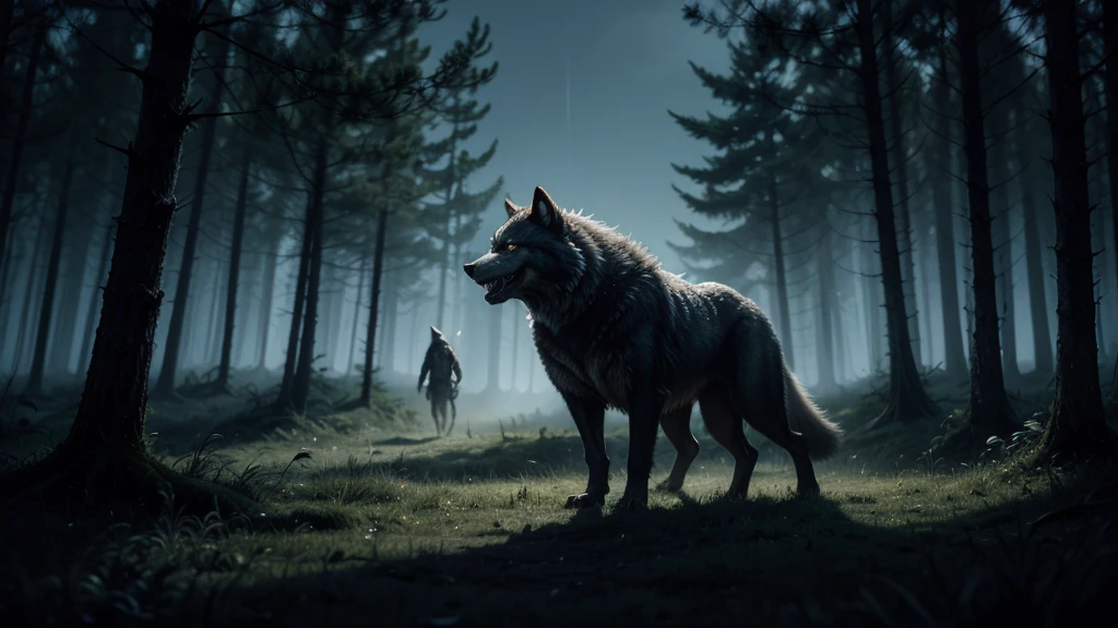 The werewolf, Ranni, retreating into the darkness of the forest. The image may show the creature disappearing into the shadows, with the hunters still on guard, but relieved.
