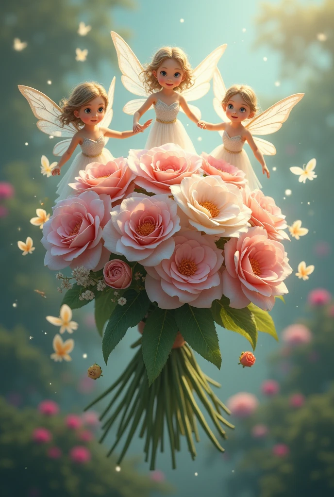 beautiful, masterpiece, best quality, ((beautiful eyes), (Delicate face)), magical flowers, a bouquet wrapped in beautiful purple flowers, very magical, with fairy girls flying around them, beautiful fairies, 8K,  high quality detail,
