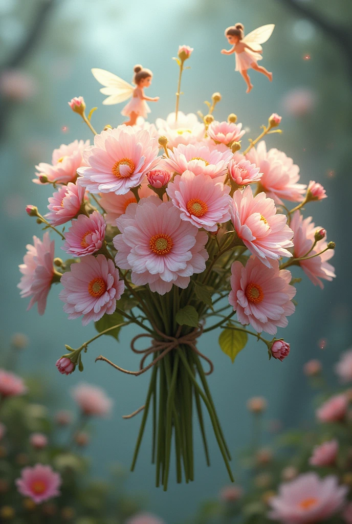 beautiful, masterpiece, best quality, ((beautiful eyes), (Delicate face)), magical flowers, a bouquet wrapped in beautiful purple flowers, very magical, with fairy girls flying around them, beautiful fairies, 8K, high quality detail,