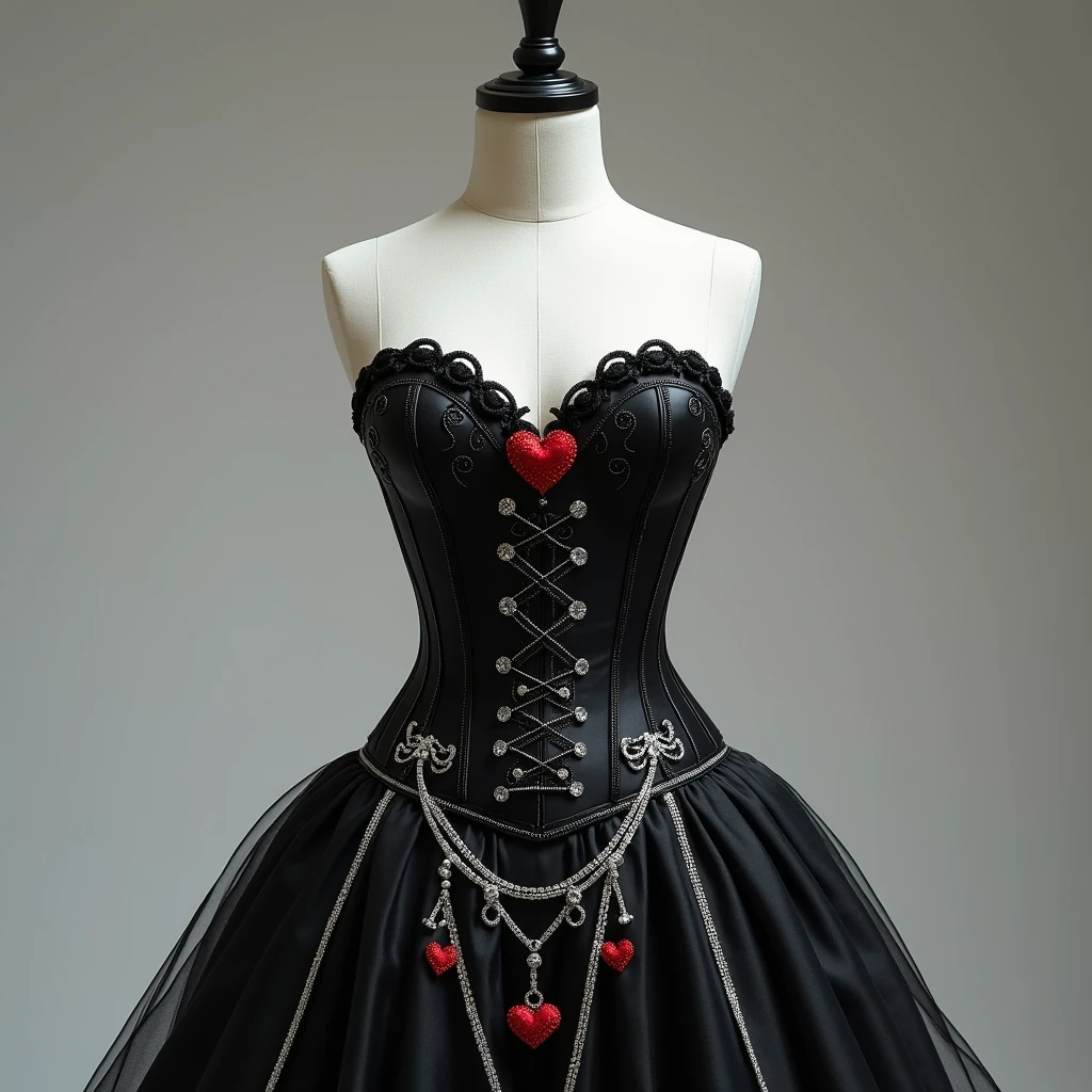 8k full view wearing a corset with black ribbon cross crossing, diamonds on the corset, red hearts, black skirt with a silver chain and diamonds on black on a mannequin 