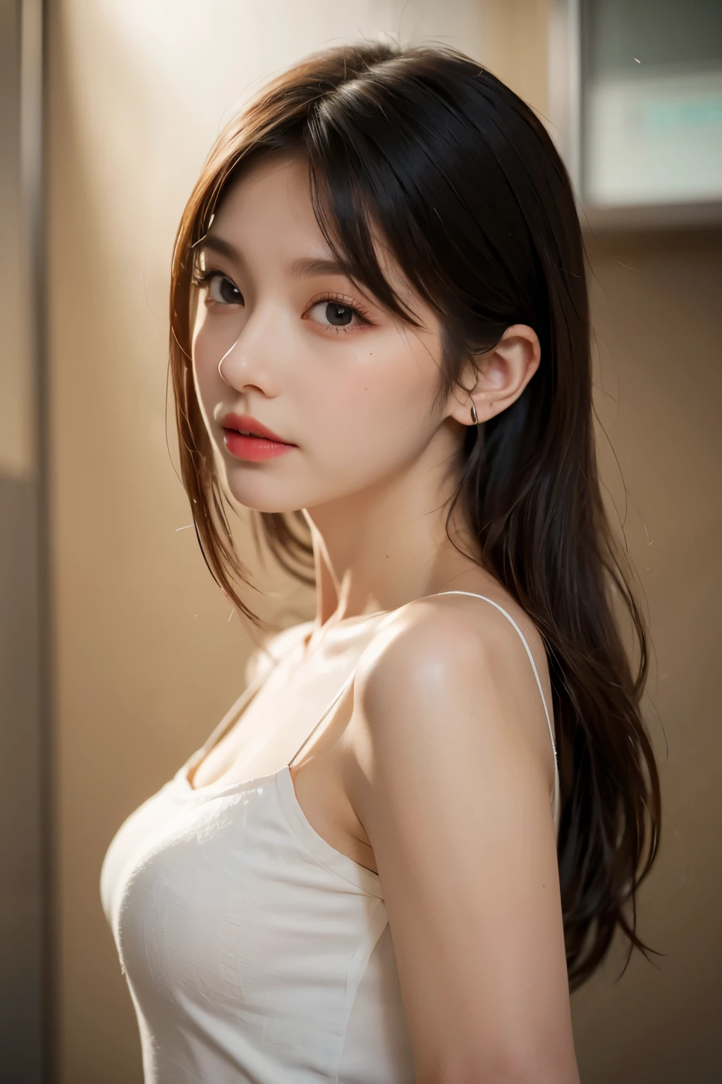 very detailed CG Unity 8k 월페이퍼, best quality, very detailed, tabletop, realistic, photo-realistic, very detailedかわいい, 2, round eyes, audience,  blush, lips parted, upper body , (armpit) , (laborious) , camisole , restroom