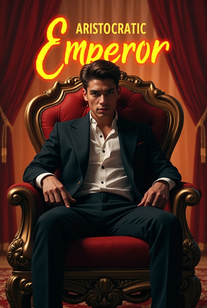 Create a realistic image of an attitude boy of 17 years sitting on a imperial chair with royal background and write in bold letters 'ARISTOCRATIC EMPEROR' written on the wall behind the boy chair.and also write BHUMIHAR WITH FIRE and write ARISTOCRATIC EMPEROR in the vicinity of chair.