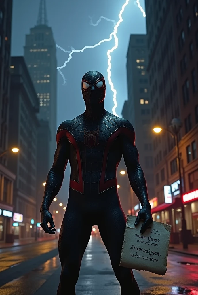 (8k, raw photo, of the highest quality),(realistic epic:1.5)Spiderman with black suit, in the dark,Stormy night in New York with dim lights and holding a paper where it is written Alex Simon is my boss