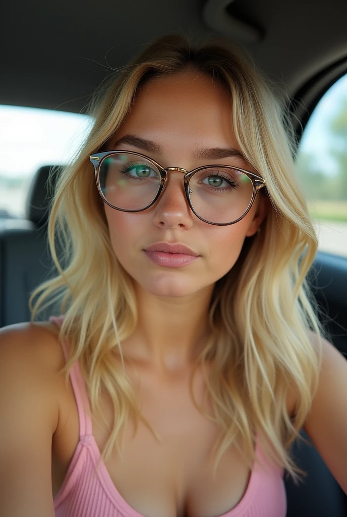 can you generate me an image of a teenage girl with blond hair with excess sebum, big square glasses rounded on the side and wipes on the glasses, a unibrow, a big nose, a beauty spot on the right lip and with lots of stinky boogers, naked , sitting in me , Ride me,