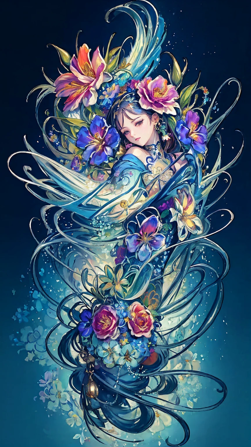(masterpiece、highest quality、highest quality、official art、beautiful beautiful:1.2)、painterly、sketch、texture、超A high resolution、solo、Beautiful woman、very detailed、(fractal art:1.1)、(Colorful:1.1)(Floral:1.6)、most detailed、(tangled:1.2)、(dynamic pose)、(abstract background:1.3)、(shiny skin)、(earrings:1.4)、Taisho romance,blue flower,ephemeral,