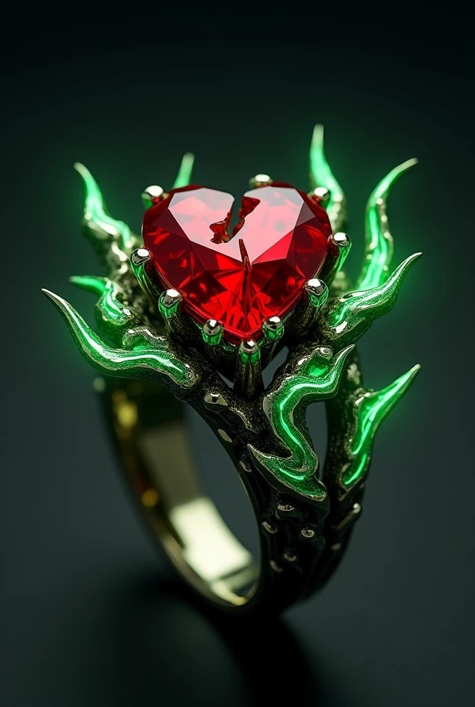 A ring designed with red dimond broken heart with green lightings