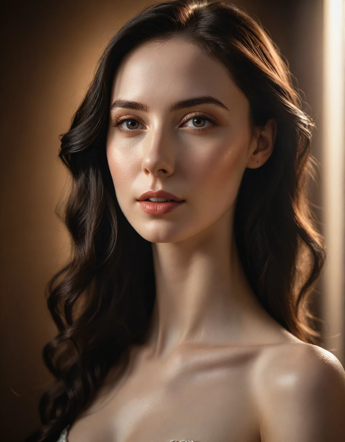 beautiful woman, dark hair, pale skin, idealistic body, glistening oily light, rubbed with body milk, high quality, photorealistic, 8k, masterpiece, portrait, cinematic lighting, warm color tones, detailed facial features, elegant pose, seamless composition, (best quality,4k,8k,highres,masterpiece:1.2),ultra-detailed,(realistic,photorealistic,photo-realistic:1.37),portrait,cinematic lighting,dramatic shadows,glowing skin,intricate details,delicate features,elegant pose,striking expression