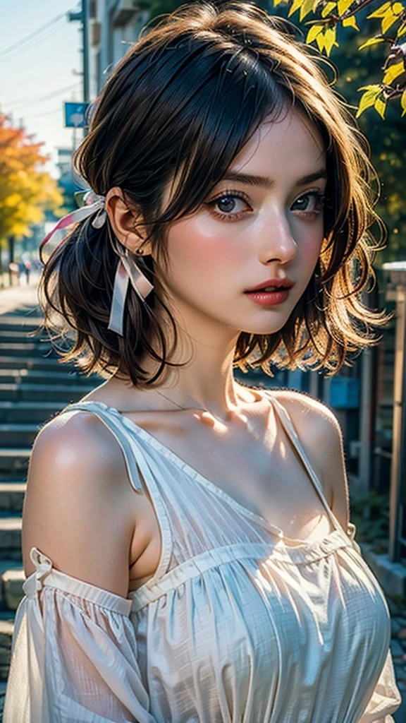 (8k, Highest quality, masterpiece:1.2),(Highest quality:1.2), (Ultra-high resolution:1.0), watercolor, Beautiful woman, shoulder, Hair Ribbon, Agnes Cecil, Half Body Portrait, Very bright and luminous design, pastel colour, (ink:1.3), Autumn Light,