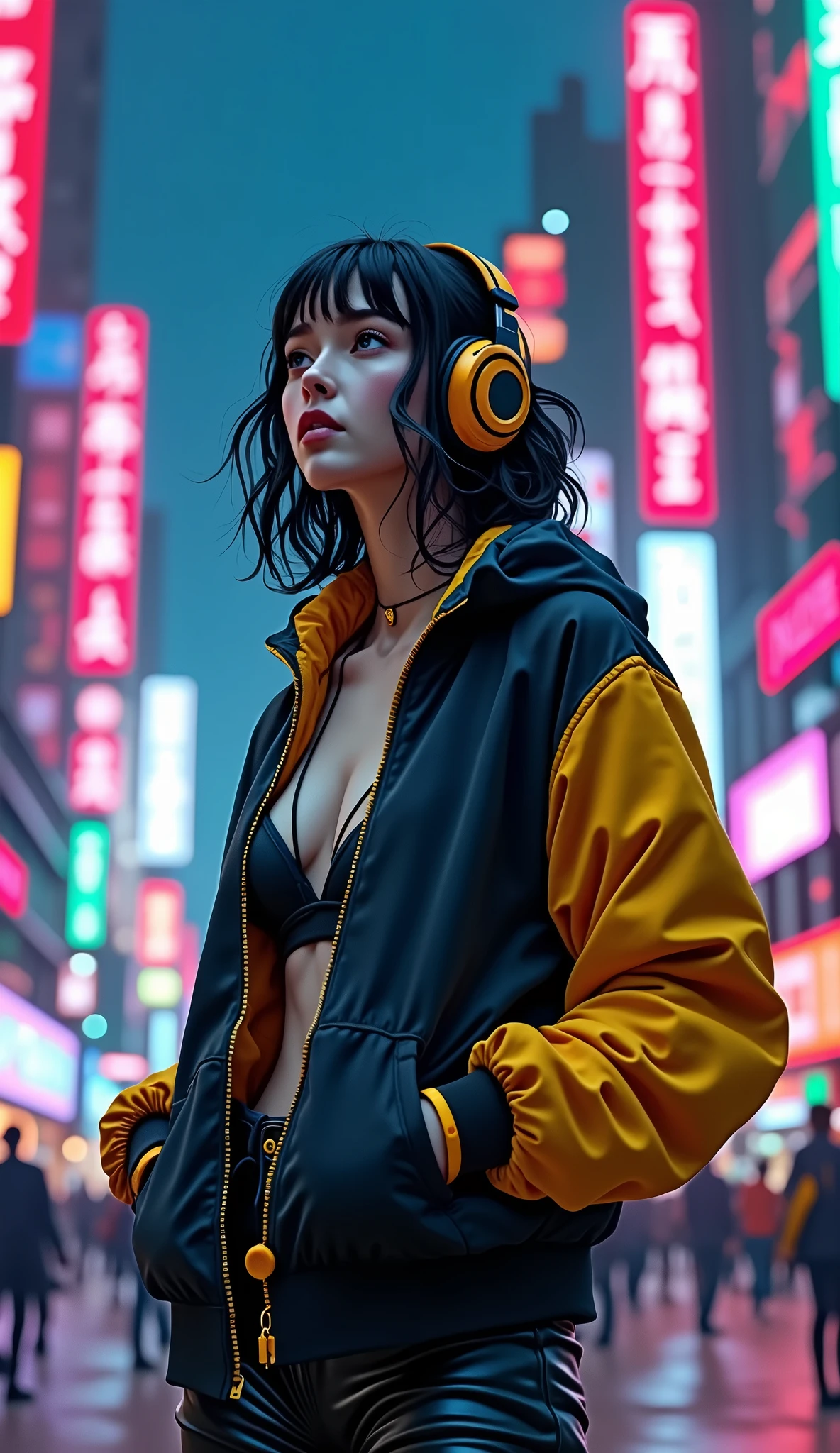 (masterpiece, Highest quality, Highest quality, Very detailed, Most detailed, Official Art, Structure of the film, beautifully、aesthetic:1.2), colorful, (Detailed drawn eyes:1.1), Beautiful Face, Perfect body, One person, alone, City of night, City, Ratan, street, black | Yellow bomber jacket, (Neon Light:1.1), Small breasts, software, performer, (headphone:1.1), (cyber punk:1.1), (sf:1.1), (look up:1.2), (public:1.2)