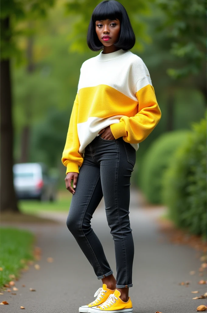 beautiful ebony girl, symetric eyes, perfect face, black bob hair, wearing a white sweater with horizontal yellow stripes, dark jeans, yellow Converse sneakers, in a park, ultra-detailed, full-body image