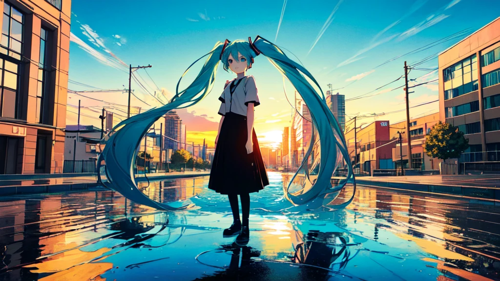 (masterpiece, Highest quality:1.3), (Flat Color:1.3),(colorful:1.3),View your viewers,One person,alone,floating colorful water,(2D:1.3), Hatsune Miku,Sunrise, Streets, Sunshine