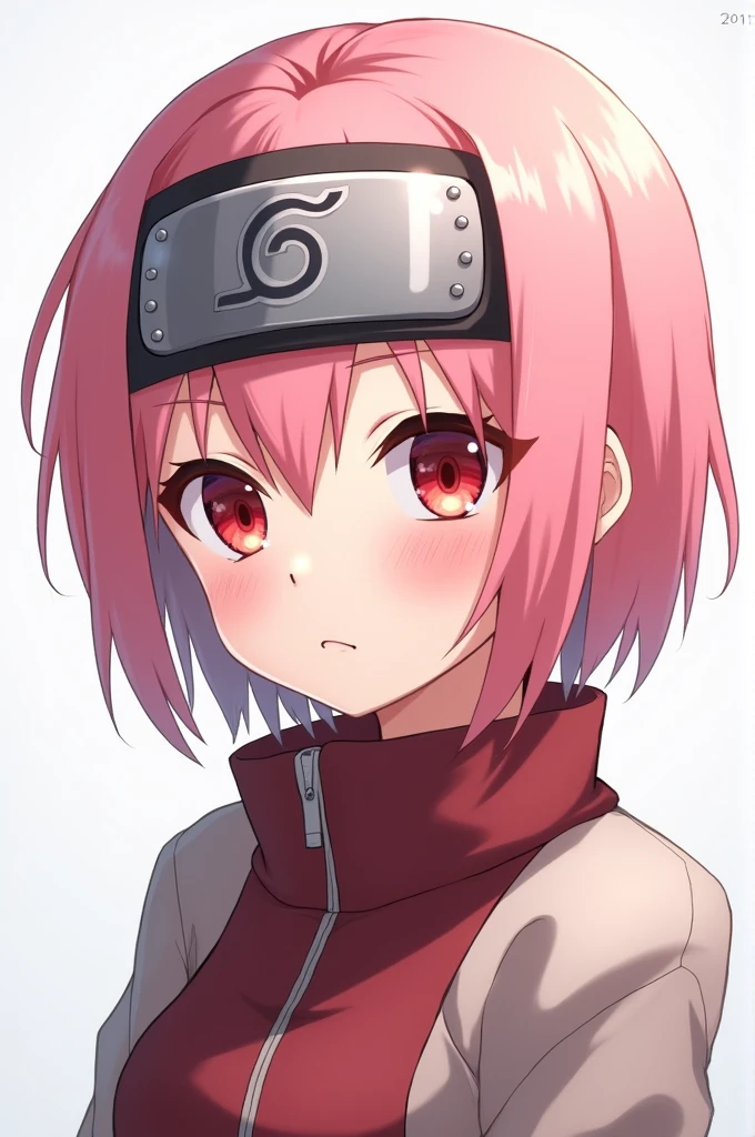 pink haired girl with red eyes and wearing a round naked konoha headband