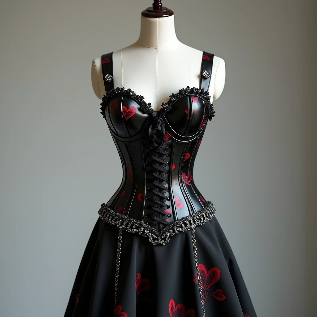 8k full view wearing a corset with black ribbon cross crossing, diamonds on the corset, red hearts, black skirt with a silver chain and diamonds on black on a mannequin 
