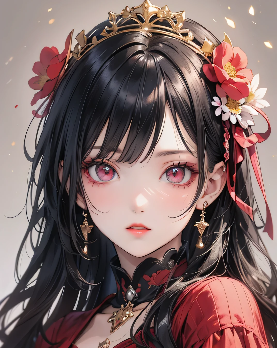(masterpiece),(Highest quality:1.0), (Ultra-high resolution:1.0), Detailed illustrations, 8k, anime, One beautiful woman, beautiful anime girl, Wearing a red dress, Flower Crown, Pretty face, Detailed face, Beautiful Eyes, Detailed eyes, Dark red eyes, Bright red lips, Red lipstick, Beautiful and stylish hair, Hair highlights, Highest quality, Vibrant