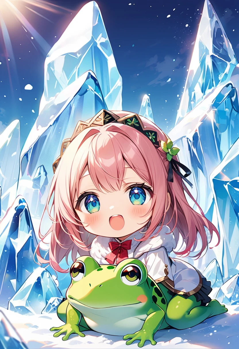 Highest quality、High resolution、Detailed Background、Beautiful face in every detail、Anatomically correct、Detailed facial expressions、fine grain、((Chibi Girl:1.5)))、((Looking up at the giant ice sculpture of a frog:1.5))、((The background is the venue for the ice sculpture contest.、Refreshing weather))