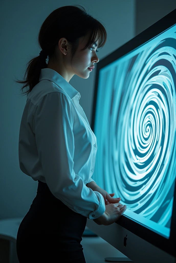 sexy woman, white shirt, pencil skirt, standing, in front of a computer screen depicting a spiral, she is hypnotized, her eyes become spirals, she looks at the screen, she walks back a little from the screen, her eyes light up blue, she sit to the floor in front of the computer screen, she got very horny, she was helpless, she climbs towards the screen