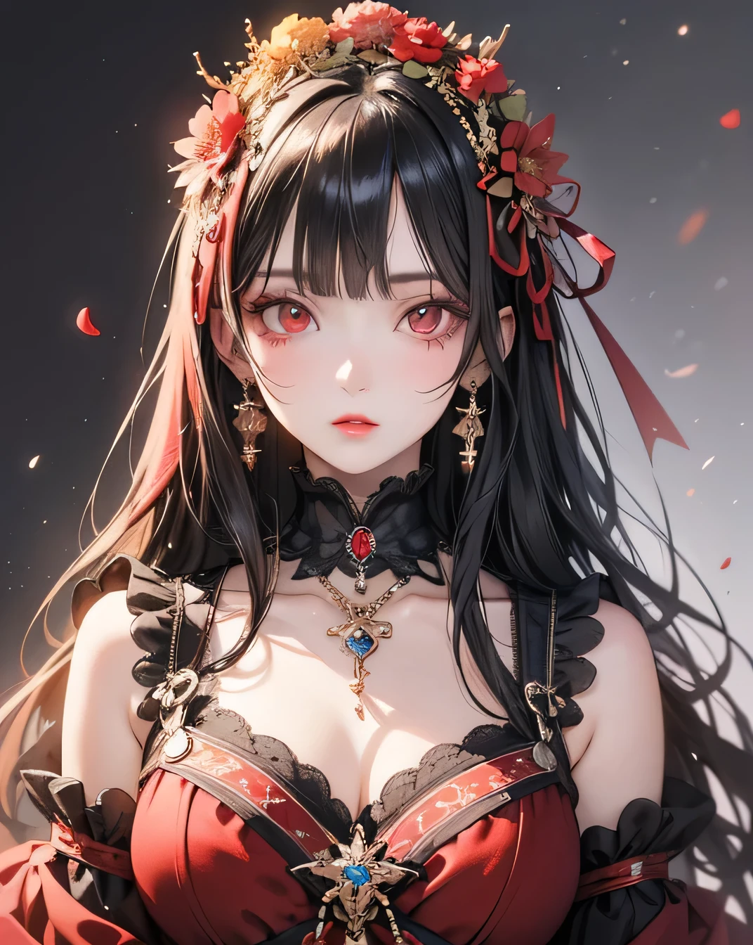 (masterpiece),(Highest quality:1.0), (Ultra-high resolution:1.0), Detailed illustrations, 8k, anime, One beautiful woman, beautiful anime girl, Wearing a red dress, Flower Crown, Pretty face, Detailed face, Beautiful Eyes, Detailed eyes, Dark red eyes, Bright red lips, Red lipstick, Beautiful and stylish hair, Hair highlights, Highest quality, Vibrant