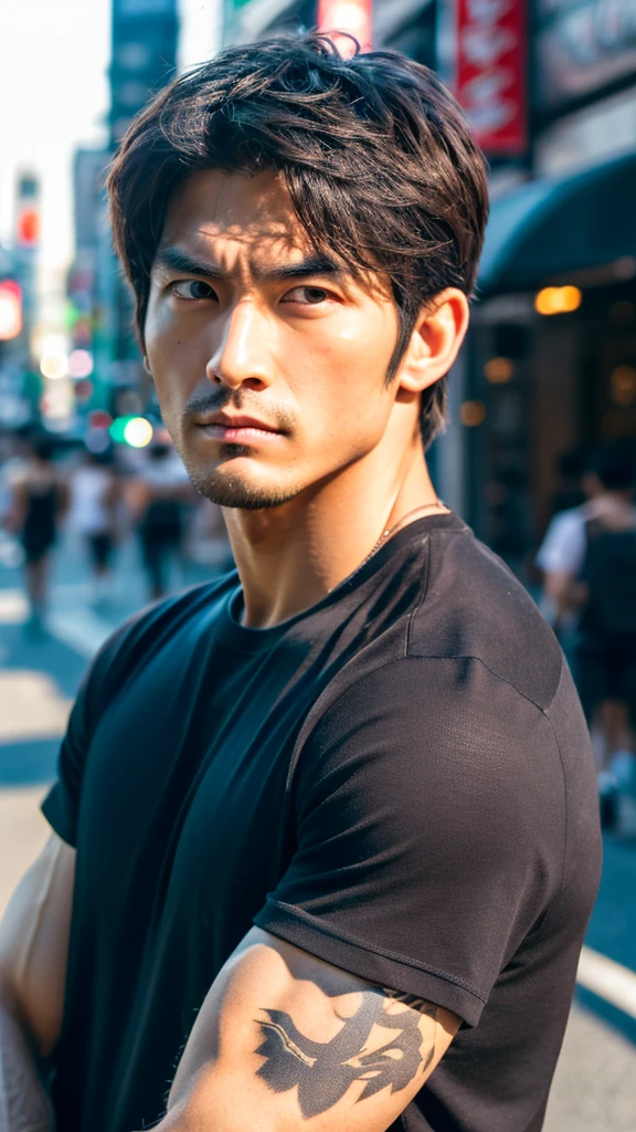 Photorealistic, 8K full-body poster, Handsome man, Japanese, 1 male, Serious expression, Sharp Eyes, Attractive look, Detailed facial details, muscle, Tokyo, summer, T-Shirts, Shibuya in the background