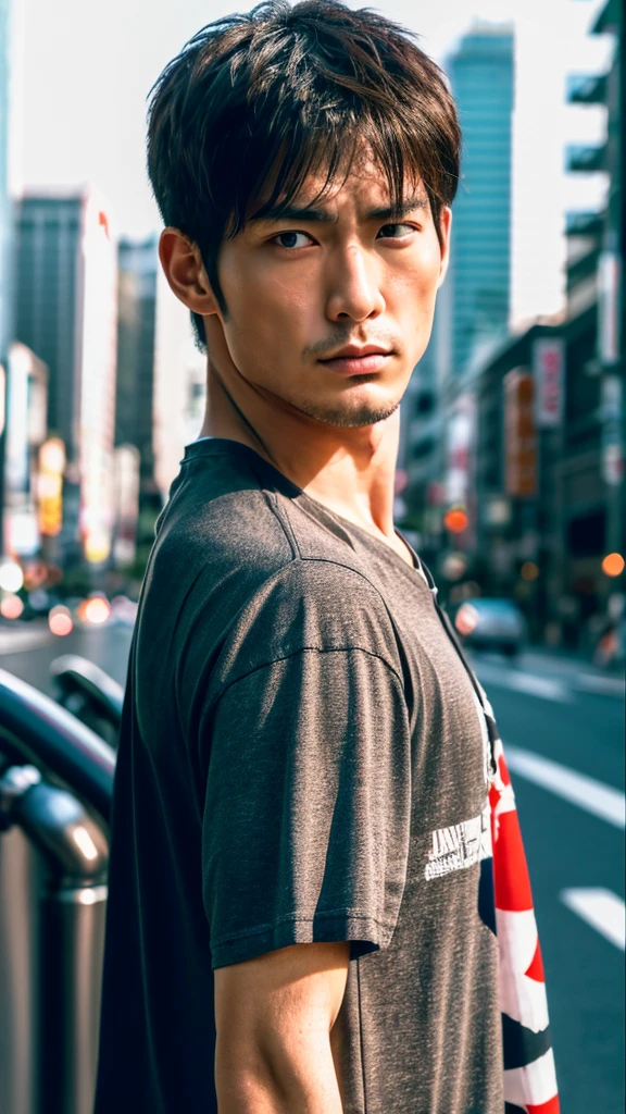 Photorealistic, 8K full-body poster, Handsome man, Japanese, 1 male, Serious expression, Sharp Eyes, Attractive look, Detailed facial details, muscle, Tokyo, summer, T-Shirts, Shibuya in the background