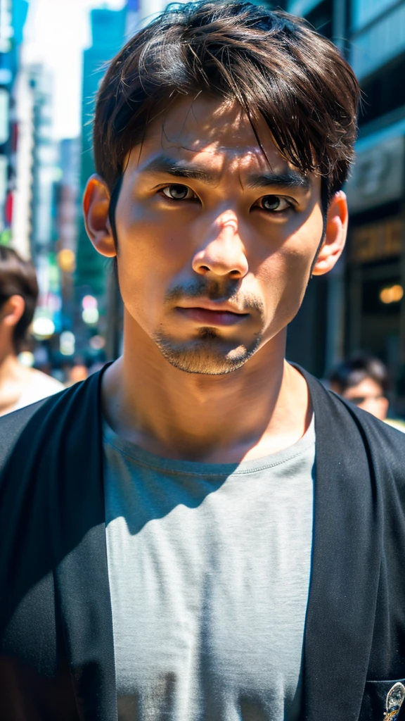 Photorealistic, 8K full-body poster, Handsome man, Japanese, 1 male, Serious expression, Sharp Eyes, Attractive look, Detailed facial details, muscle, Tokyo, summer, T-Shirts, Shibuya in the background