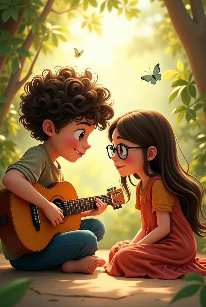 Tall curly haired boy playing guitar and a girl with glasses and long straight hair watching him play 
