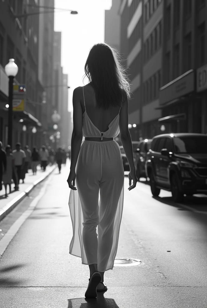 Woman in light clothing in black and white, we can slightly see his buttocks. She walks down the street. Paneau stop en couleur