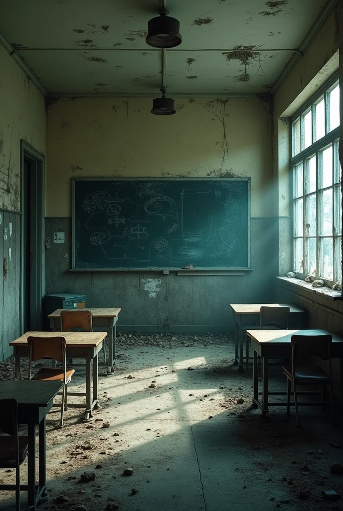 A classroom in a dilapidated and creepy school