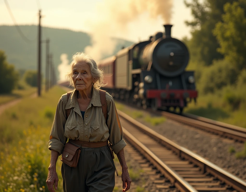 We need such an image that an old lady is walking near us and a train is walking behind us and that girl is not looking at our train and the train is close to us old lady and that image is highlighted sunlight.