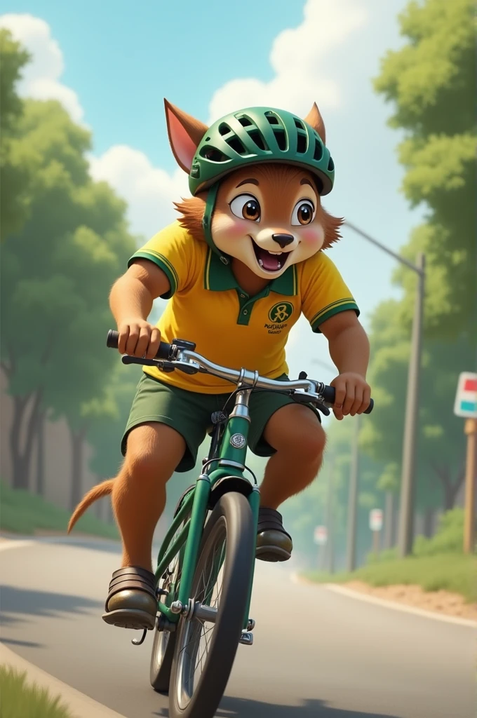 an animal calls, with his bike, dark green helmet, and yellow polo with green 