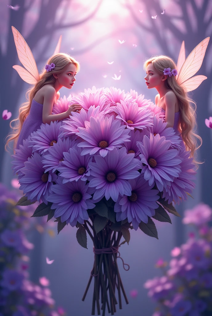 beautiful, masterpiece, best quality, ((beautiful eyes), (Delicate face)), magical flowers, a bouquet wrapped in beautiful purple flowers, very magical, with fairy girls flying around them, beautiful fairies, 8K, high quality detail, purple theme